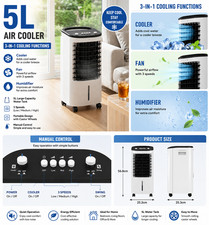 5L Air Cooler Portable 3-in-1 Fan Humidifier Cooler Manual Control with Wheels