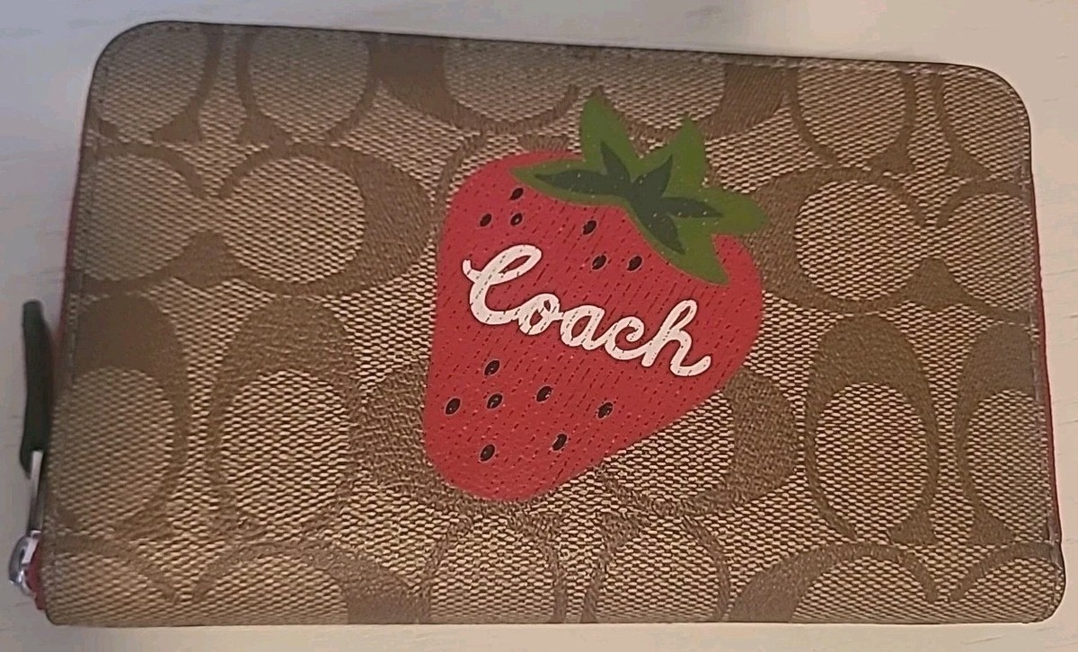 Coach Wild Strawberry Medium ID Zip Wallet CH529 SVRVB Khaki x Red