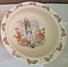 RARE REPRO 1936 ROYAL DOULTON BUNNYKINS BOWL W/BUNNIES/ROCKET SHIP BONE CHINA