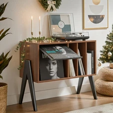 Record Player Stand with Vinyl Storage Cabinet, 32'' Mid Century Modern Turntabl