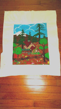 VTG 22X27 BLUE BROWN GREEN MOUNTAIN COTTAGE CABIN PUNCHWORK EMBROIDERY PANEL