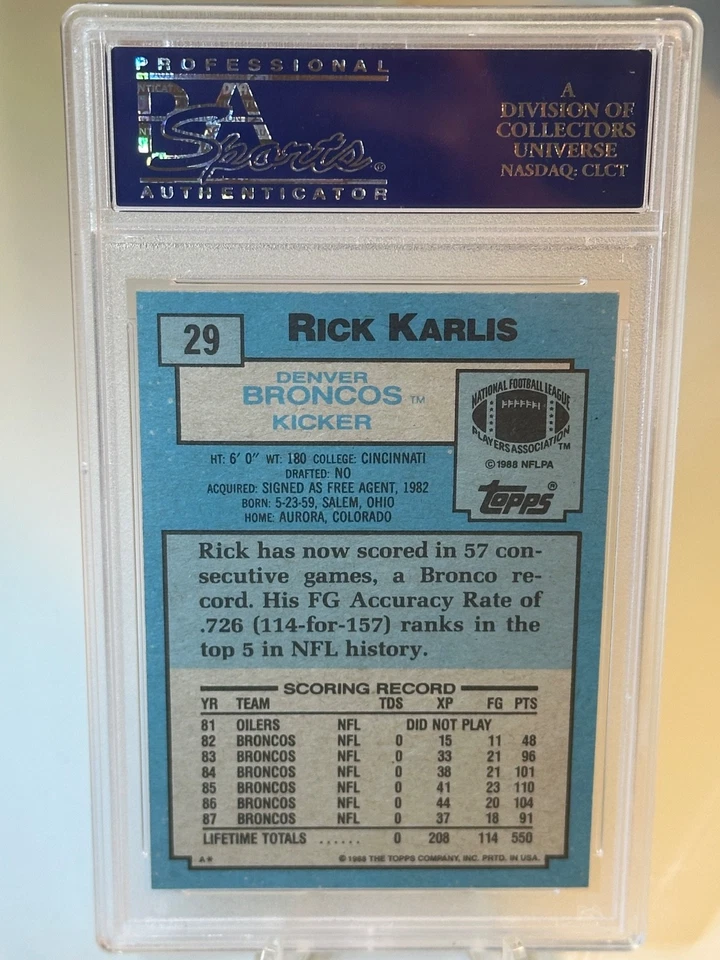 1988 Topps Football Rick Karlis PSA 9 Mint Denver Broncos #29 - Image 2 of 2