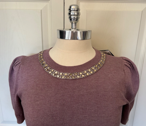 Lauren Ralph Lauren Women's Sz S Beaded Neckline Short-Sleeve Sweater Purple NWT - Picture 2 of 12