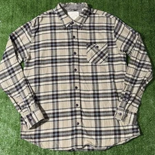 Weatherproof Vintage Mens Flannel Size L Tan Brown Plaid Long Sleeve Button Up