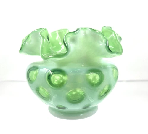 Fenton Lime Green Opalescent Glass Coin Dot Rose Bowl Vase Nice Color!