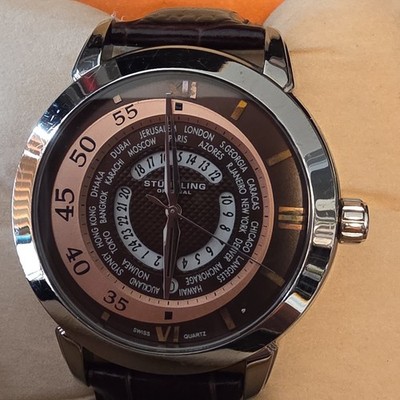 Stührling Original Men's Swiss Quartz World Time Watch brown Leather Strap 50m
