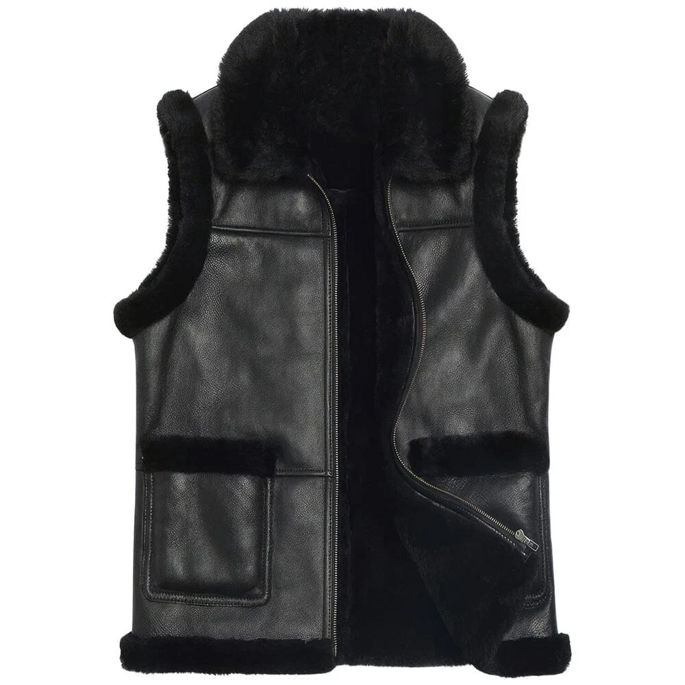 Men's BLACK Fur Real Sheep Leather Shearling Lined Vest Fur Collar Jacket