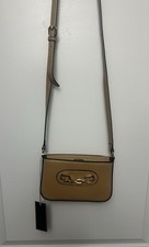 LA TERRE Women's Tan Faux Leather Shoulder Bag Gold Chain Accents Zip Closure