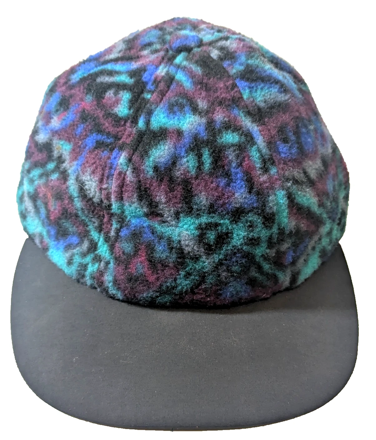 VTG 90s Columbia Fleece Hat Made in USA Abstract Purple Teal Aztec Camp Cap L/XL