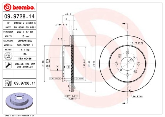 Disque de frein 09.9728.11 BREMBO fonte carbone pour essieu avant Opel et Suzuki