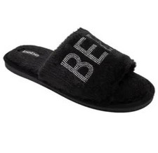 Bebe Women's Faux Fur Slide Bedroom Slippers w/ Embroidered Rhinestone Logo