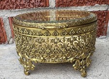 Vintage Brass Filigree Glass Top Trinket Box, Hollywood Regency Vanity