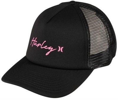 Hurley Mesh Trucker Snapback Hat Cap Skateboard Surf Black w/ Pink Lettering NWT