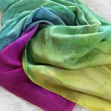 Vintage 1980s Hand Dyed Artisan Silk Scarf Watercolor Green Teal Magenta 14x70