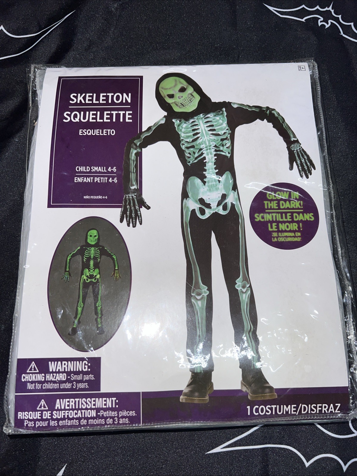 Skeleton Costume SMALL 4/6 Kids Glow in Dark Skeleton Halloween Costume NEW