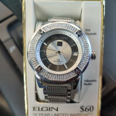Elgin Men's Watch 216 Crystals Diamond Indices Date Window SS Band 46mm FG160032