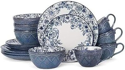 Pfaltzgraff Gabriela Blue 16 Pc Dinnerware Set Service for 4 Stoneware Plates Bo