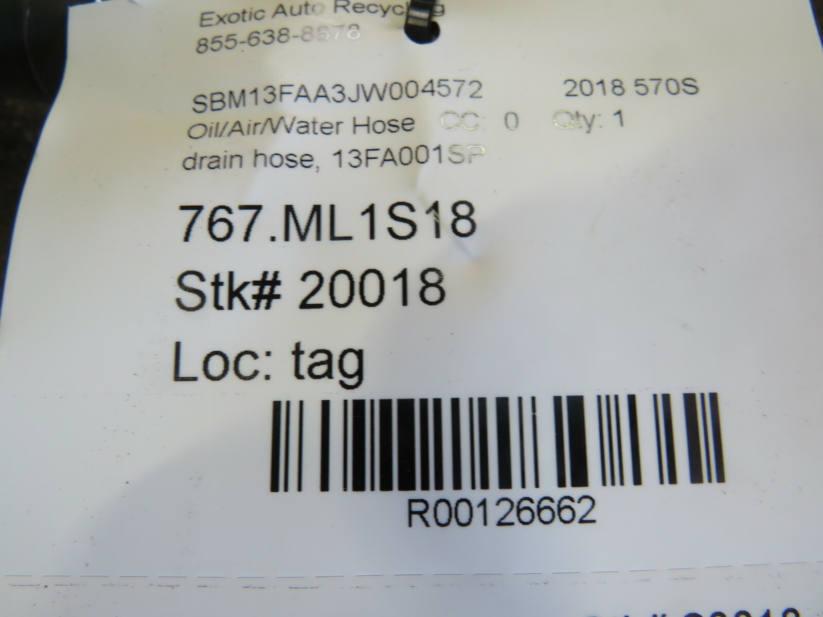 Mclaren 570s, Drain Hose, Used, P/N 13FA001SP