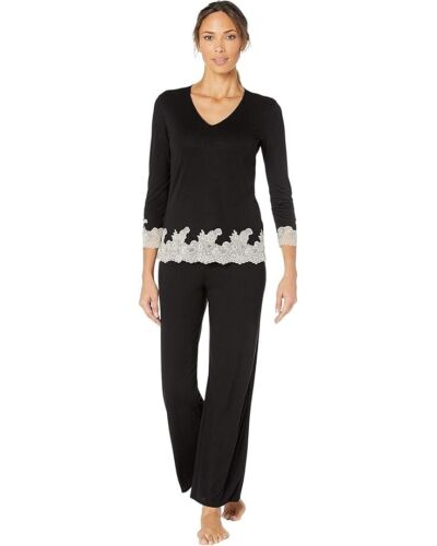 Natori Luxe Shangri-La Pajama Set Women's Medium Black V-Neck 3/4 Sleeve ERK1191