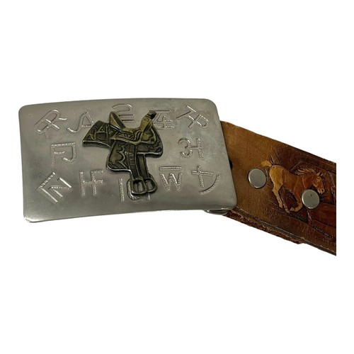 VTG Chamber LEATHER BELT Children's Horses & Silver Cowboy Bronze Saddle Buckle - Picture 2 of 9
