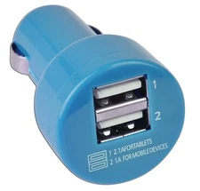 2 Port USB Car Charger, 2.10 Amp Output Powers Tablets, Cellphones BLUE