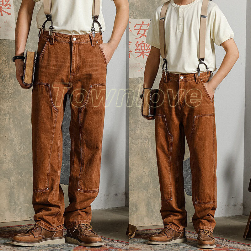 Men Vintage Overalls Suspender Trousers Work Cargo Pants Bib Pants