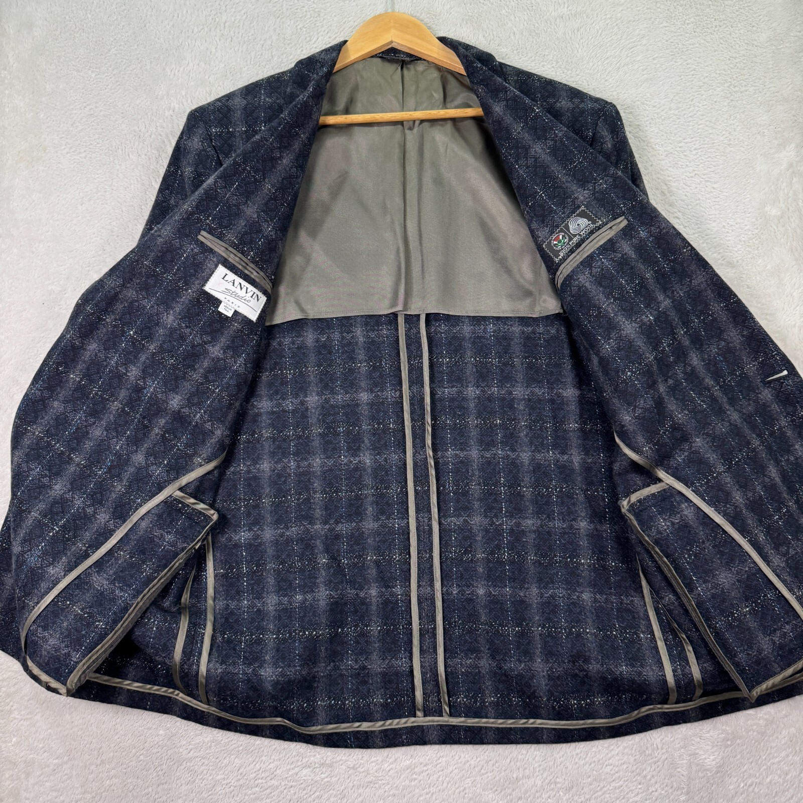 VINTAGE Lanvin Sport Coat Mens Medium Tall Blue Check Tweed Classic Fit Preppy