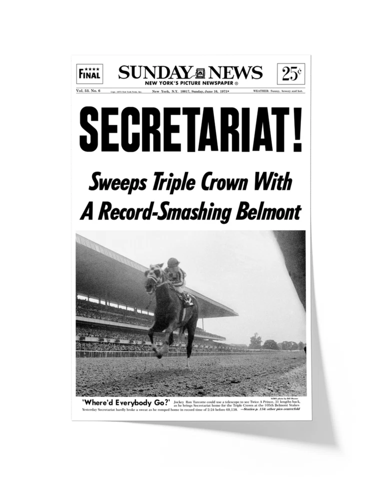 Belmont Stakes 1973 "Secretariat" triple corona ganador enmarcado portada periódico Foto 3 de 4