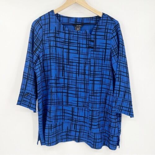Ali Miles Blue Tiered Abstract 3/4 Sleeve Blouse Top Size M
