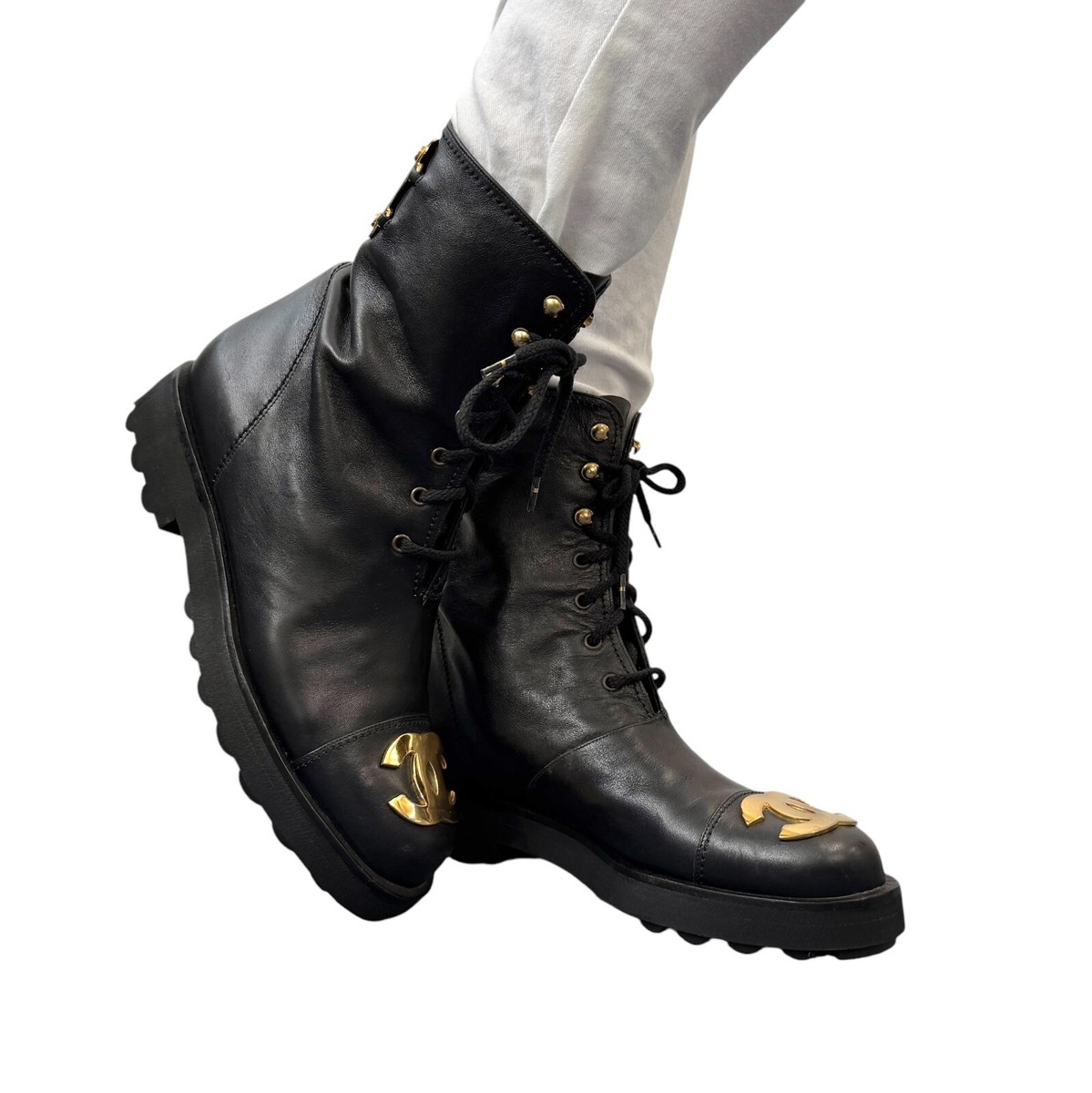 CHANEL Vintage CC Logo Lace-up Ankle Boots #36.5 Short Boots
