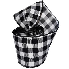 Buffalo Plaid Wired Edge Ribbon - 4" x 10 Yards, White Black Checks, Christmas