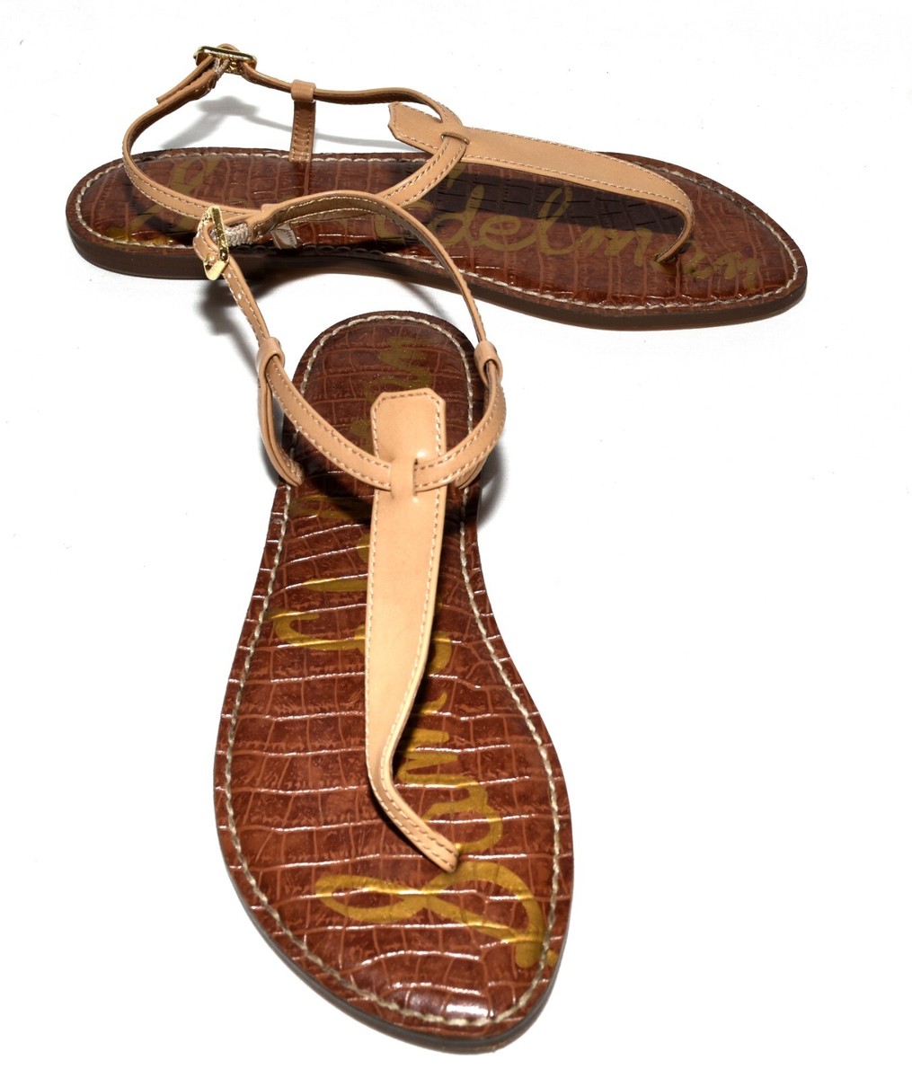 Sam Edelman Gigi Beige Faux Leather T-Strap Thong Flat Sandals