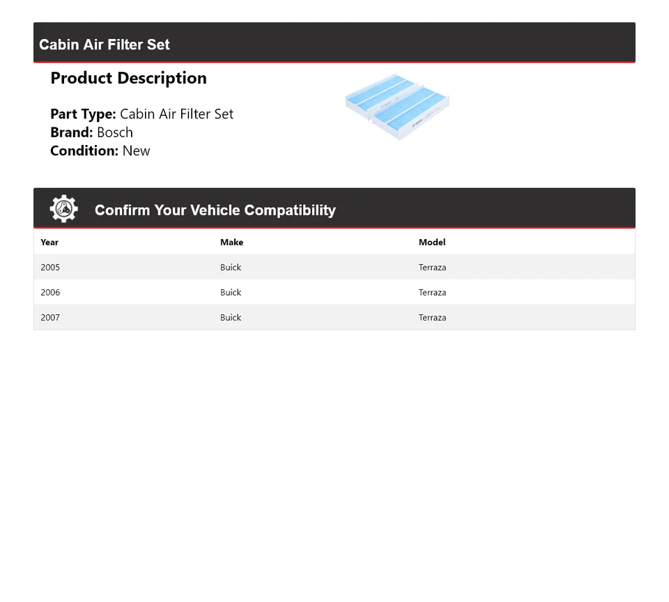 For 2005-2007 Buick Terraza Bosch Cabin Air Filter Set 2006 - Image 2 of 4