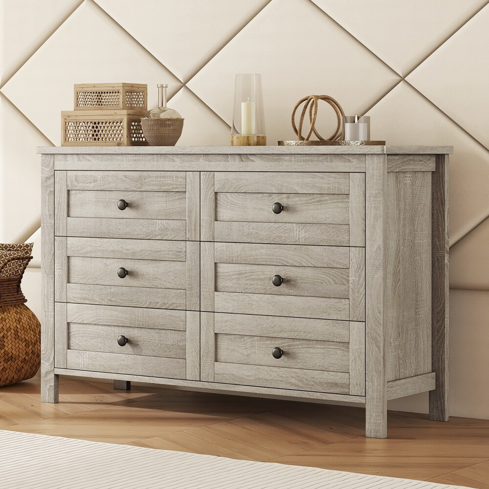 Retro Farmhouse Style Wooden Dresser w 6 Drawer, Storage Cabinet, Anitque Gray