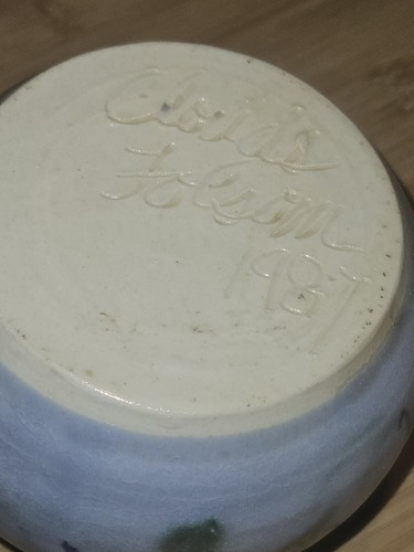 1987 CLOUDS FOLSOM CA Ceramica 3 Steli Beccuccio Vaso 5” Smaltato Blu e Verde - Foto 8 di 8