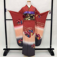 Furisode 5-piece set Japanese Kimono Red Classic floral Free shipping S-207