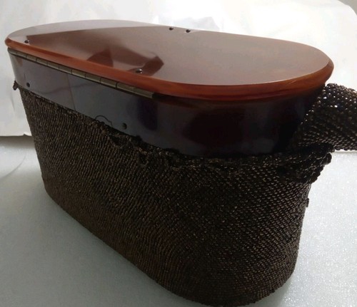 1940er Bakelit Top Karneval Kupfer Perlen Tasche Box Schildkröte Shell Klapp Schnappdeckel - Bild 3 von 11