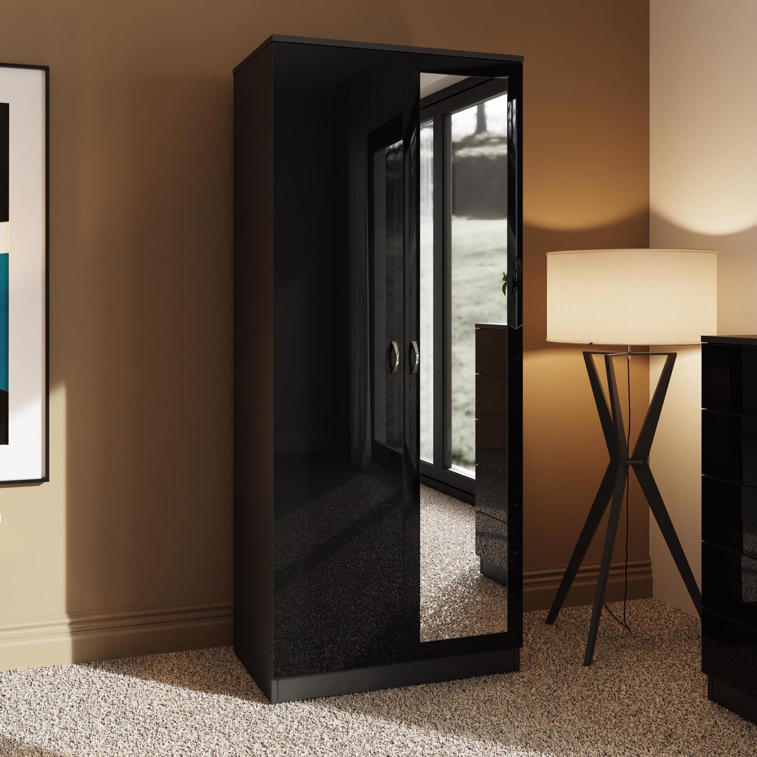 2 Door Mirrored Wardrobe with Hanging Rail Modern Bedroom Furniture Black Gloss