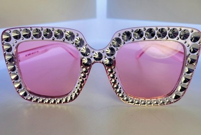 Rhinestone Sunglasses Square Pink Gradient Lenses & Crystal 