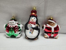 Lot of 3 Hand Blown Glass Christmas Ornaments Snowman Penguin Bear