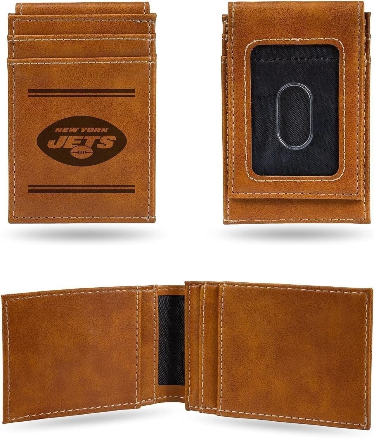 New York Jets Premium Brown Leather Wallet, Front Pocket Magnetic Money Clip,...