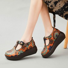 Womens Leather Ethnic Floral Round Toe T Strap Platform Mary Jane Shoes Vintage