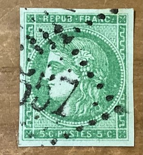 timbres N42ba Fr 5c Vert jaune Foncé Oblitéré GC Cote : 430 euros Signé Brun