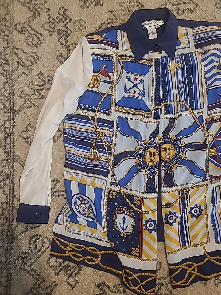 Блузка морская украшенная шелковыми морскими драгоценностями Diane Gilman 80-е 90-е с шейдерами подушечками - Изображение 2 из 4