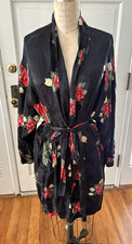  Vintage Silk Morgan Taylor Black Red Rose Short Robe M/L