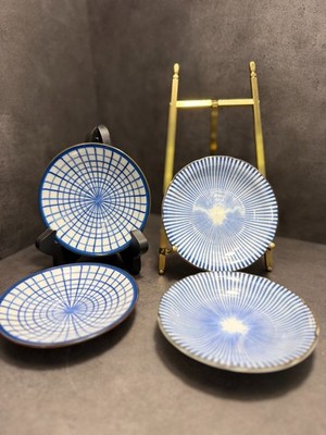 Vintage OMC Japan Blue & White Geometric Dessert Bowls   Set of 4   Mid Century