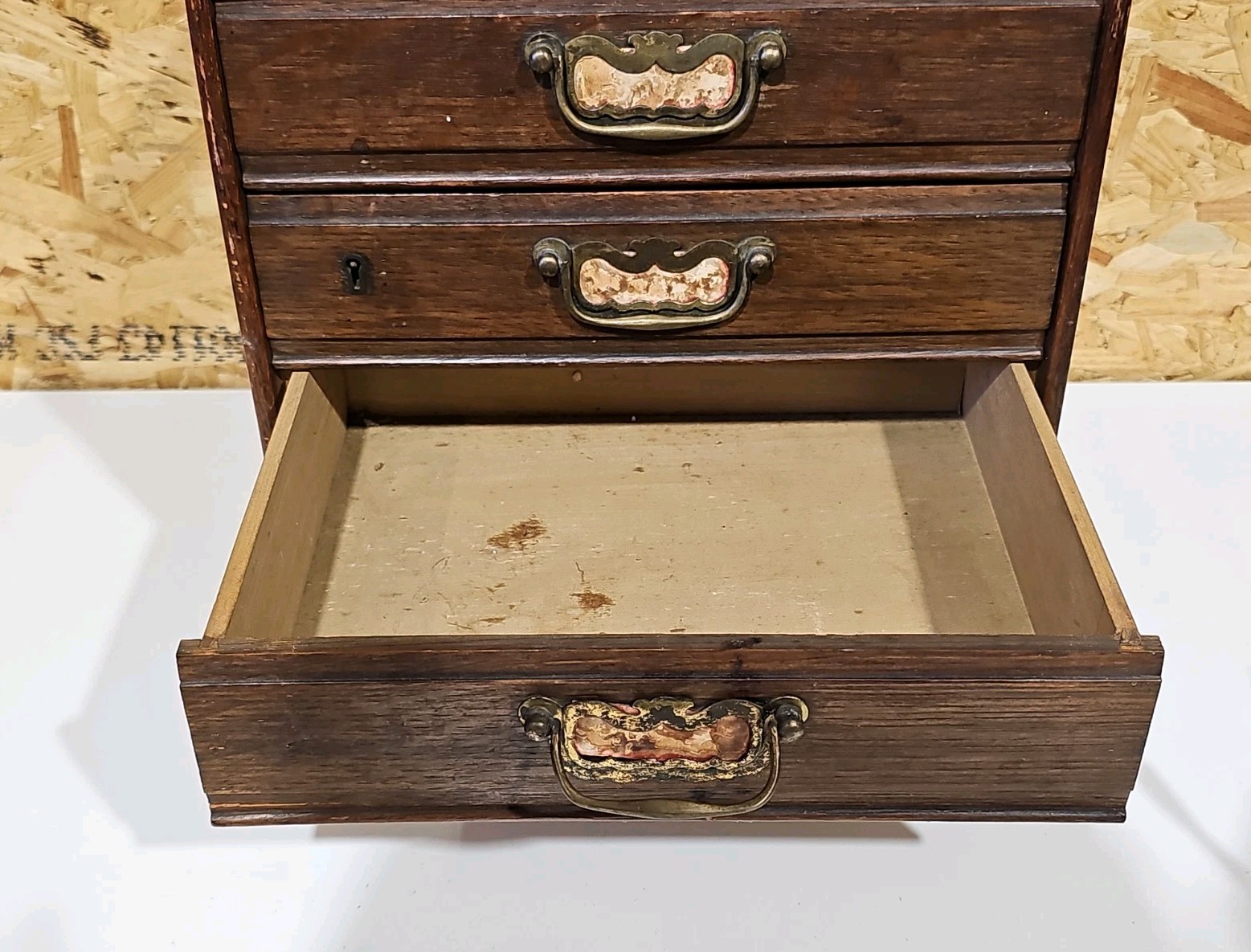 Antique Oak Table Top Cabinet Chest of 4 Drawers By Henry Stone & Son — image 7