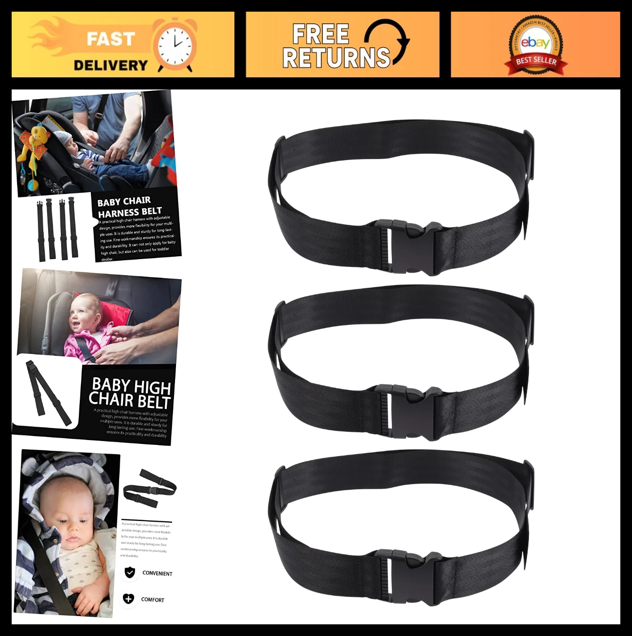 Adjustable Baby High Chair Straps - 3pcs Portable Toddler Feeding Chair Belt, Tr