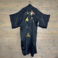 Vintage Fuku Japanese Rayon Kimono Robe w/ Floral Embroidery