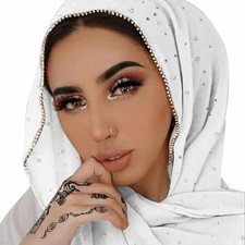 Hijab Scarf for Women Soft Chiffon Rhinestone Long Scarf Shawl Fashion White